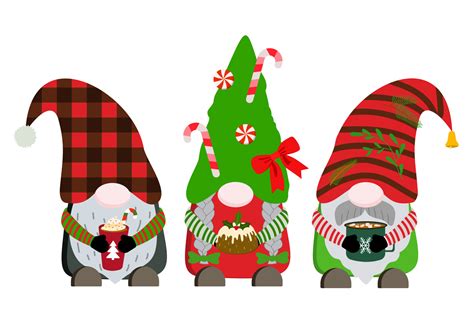 Cartoon Christmas Holiday Gnomes Holding Hot Winter Drinks And Cake