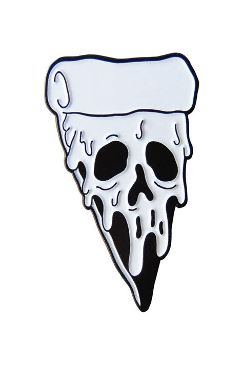 A White And Black Pin With A Slice Of Pizza In The Shape Of A Skull