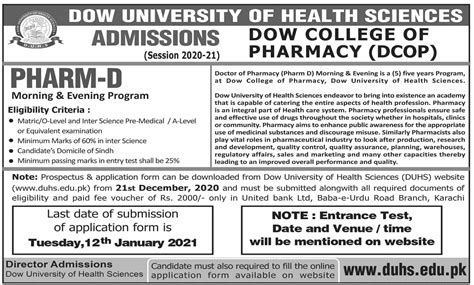 Dow University Of Health Sciences Admissions In Pharm D 2024 Government