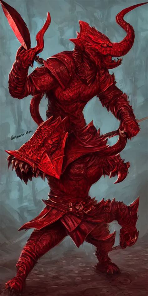 KREA Red Scaled Male Dragonborn Rogue Outfit Muscular Wielding Two