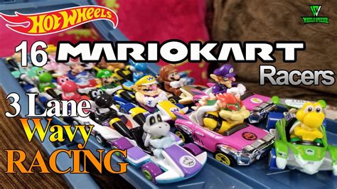 Hot Wheels16 Mario Karts Racing In 3 Lane Wavy Race Track Youtube