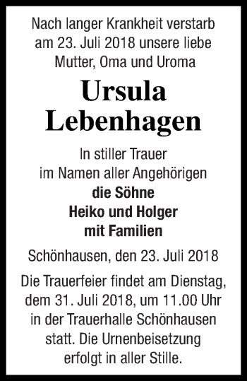 Traueranzeigen Von Ursula Lebenhagen Trauer Nordkurier