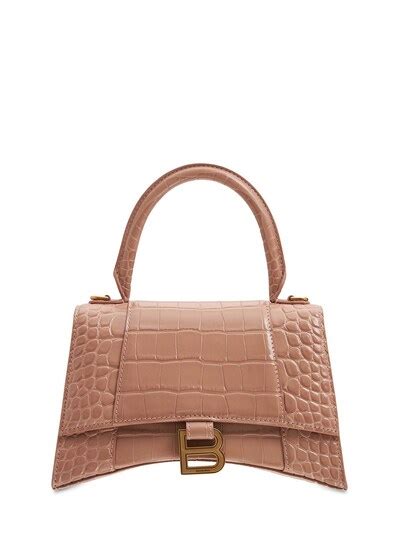 Balenciaga Hourglass Croc Embossed Leather Bag Nude Beige