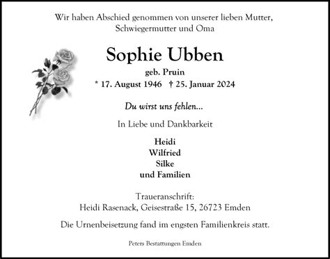 Traueranzeigen Von Sophie Ubben Nordwest Trauer De