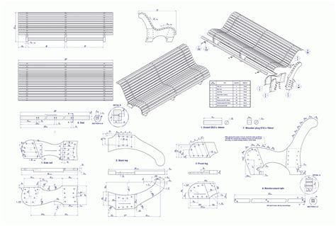 Contoured Park Bench Assembly Drawing Parts List Parts Drawings And Exploded View