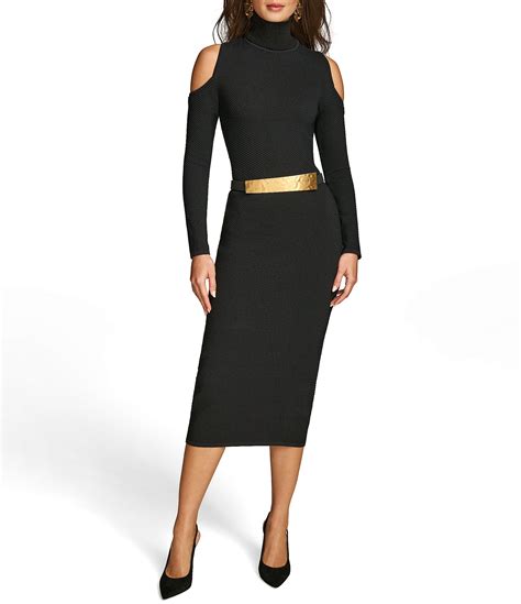 Donna Karan Sweater Knit Mock Neck Long Cold Shoulder Belted Sheath