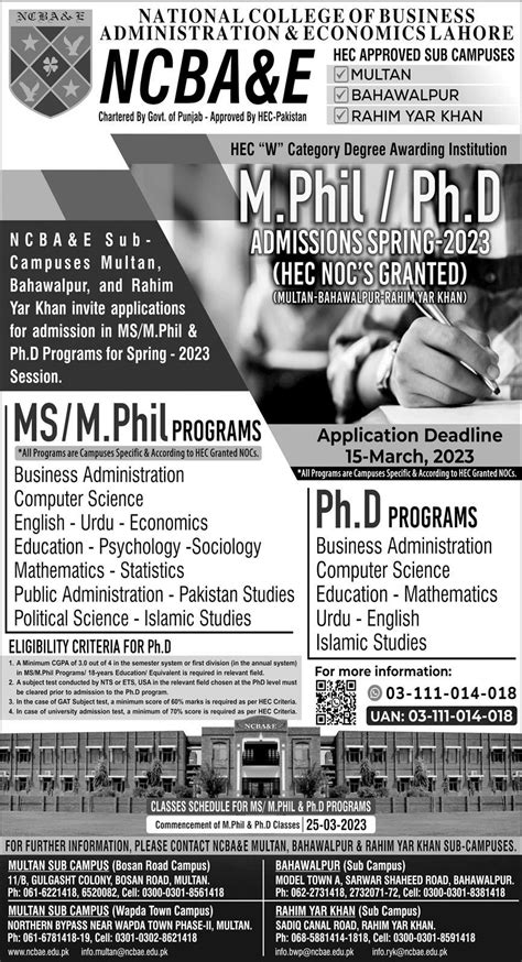 NCBAE MS MPhil And PhD Programs Admission For The Year Spring 2023