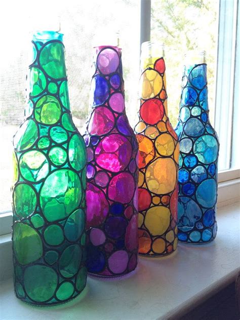 Four Stained Bubbly Glass Bottles Painted Etsy Painted Glass Bottles Glass Bottle Crafts