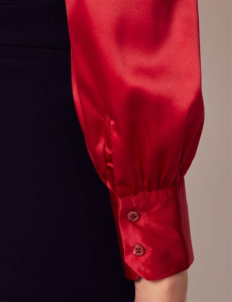 Women S Red Fitted Luxury Satin Blouse Pussy Bow