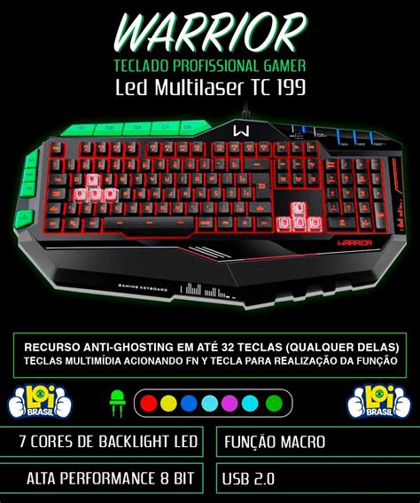 Teclado Multilaser Gamer Warrior Usb Led Jogos Tc199 Loi R 13799 Em