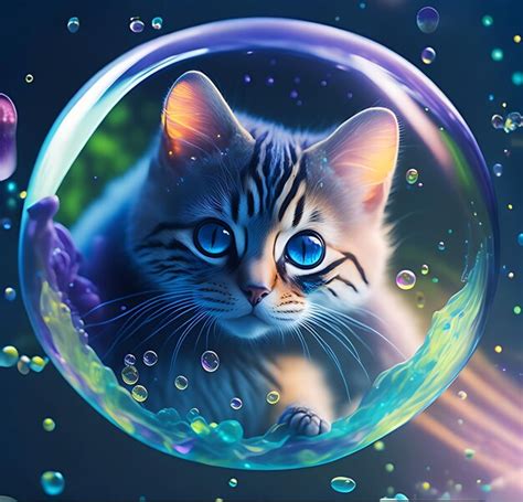 Premium Ai Image Cute Cat Sitting Inside Bubble Colorful Vibrant Cat In Water Drop In Playful