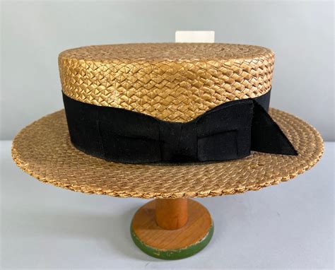 1930s Gatsby S Summer Boater Vintage 30s Pressed Woven Natural Straw