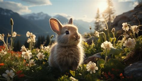 Premium Ai Image Cute Baby Rabbit Sitting In Green Meadow Enjoying