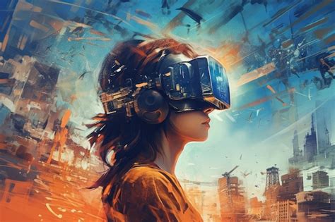 Premium AI Image | Vr headset double exposure metaverse futuristic virtual world