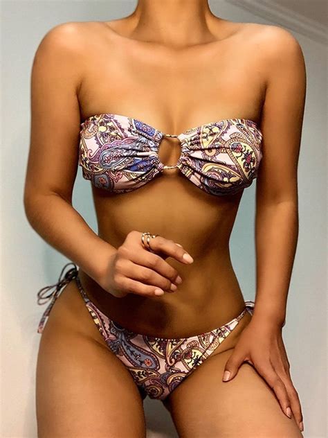 Emmiol Free Shipping 2024 Paisley Print Bandeau Bikini Set Lilac M In