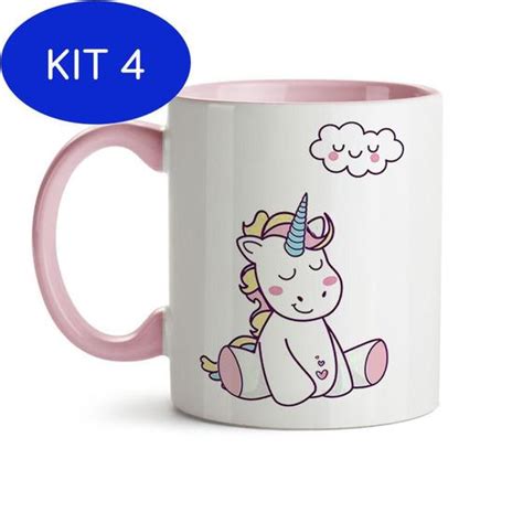 Kit 4 Caneca Em Cerâmica Unicórnio Enjoy And Dream 320ml Canecas