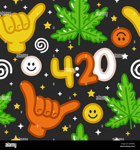 Funny weed marijuana, shaka gesture,420 seamless pattern. Vector hand ...