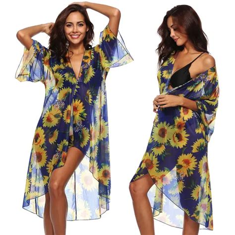 Floral Chiffon Pareo Cover Ups Women See Through Sunscreen Swimsuit Cardigan Kaftan Crochet