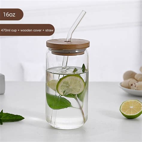 Buy Drinking Glasses With Bamboo Lids And Glass Straw 16oz Can Shaped