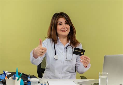 Sonriente doctora de mediana edad vistiendo bata médica y estetoscopio