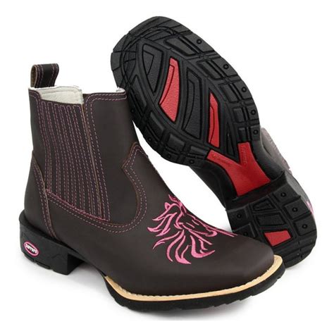 Botina Feminina Bordado Cavalo Rosa Texana Country Couro Parcelamento