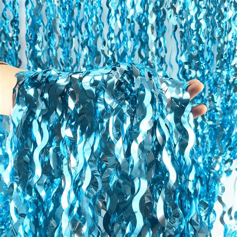 Wavy Tinsel Foil Fringe Curtains 3 Pcs Teal Blue Backdrop