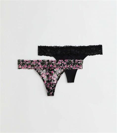 2 Pack Floral Print And Black Lace Tanga Thongs New Look