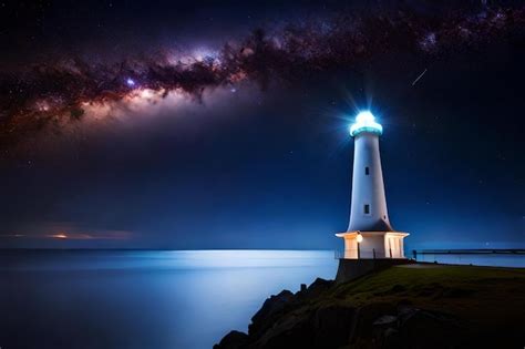 Premium Photo | A lighthouse on a night sky with stars and clouds.