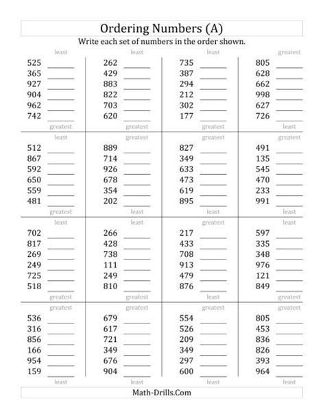 Ordering Numbers Range 100 To 999 A