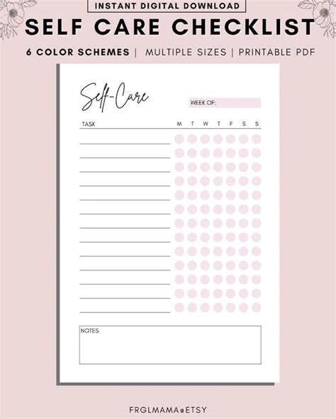 Self Care Checklist Printable Digital Pdf Wellness Planner Self Care