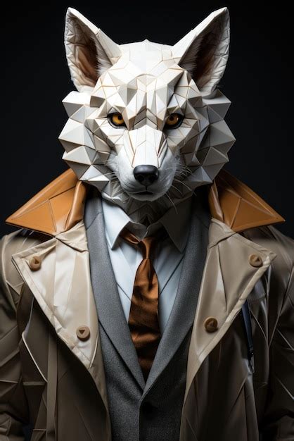 Um homem de terno e gravata usando uma máscara de lobo de papel arte