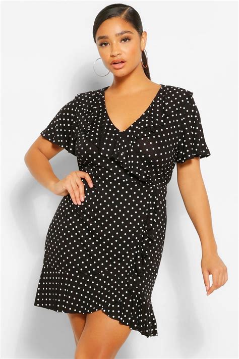 Plus Polka Dot Wrap Front Ruffle Tea Dress Boohoo