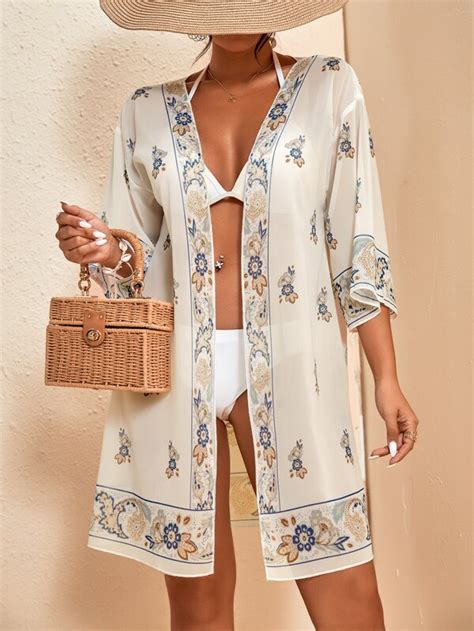 Shein Swim Vcay Floral Print Drop Shoulder Kimono Shein Usa