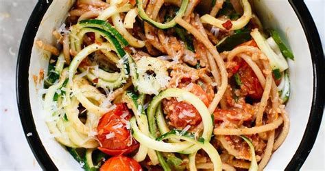 Double Tomato Pesto Spaghetti With Zucchini Noodles Punchfork