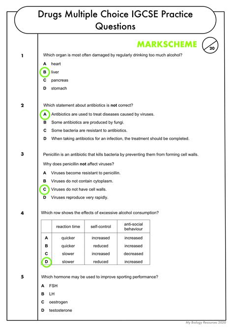 Gcse Biology Multiple Choice Topic Question Pack On Drugs Teaching