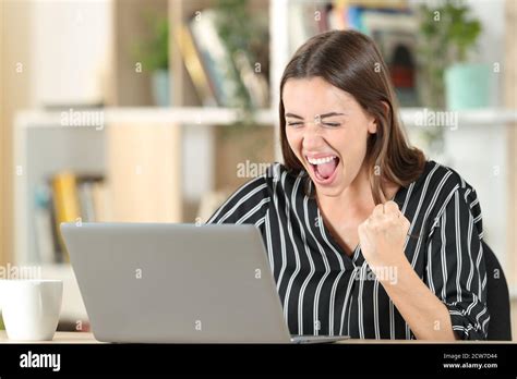 Excited Woman Computer Home Hi Res Stock Photography And Images Alamy