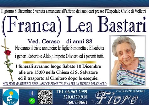 Velletri Piange La Scomparsa Di Lea Bastari Per Tutti Franca Aveva