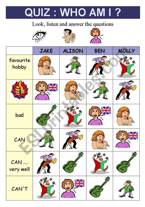 QUIZ : WHO AM I? (can / can´t) + follow up activity - ESL worksheet by ...