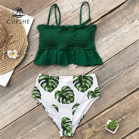 CUPSHE Smocked Green Leaf Print High Waisted Bikini Sets Women Ruffle