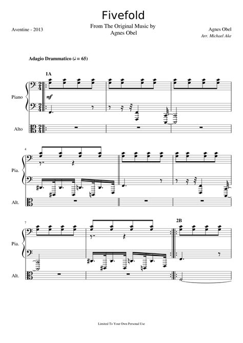 Agnes Obel Fivefold Sheet Music For Piano Viola Mixed Duet