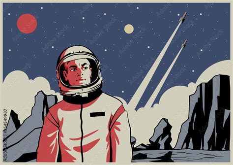 Astronaut on an Unknown Planet Retro Space Poster Stylization, Spaceman ...