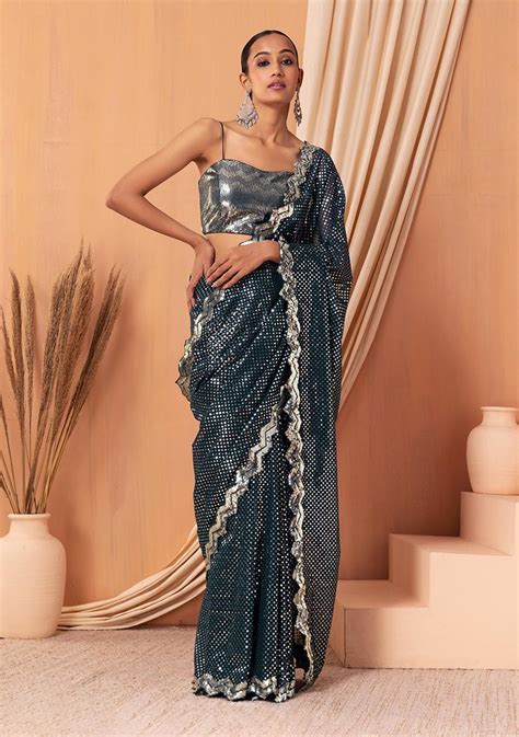 Buy Women Teal Tonal Sequin Embroidered Saree Set With Blouse Jewel