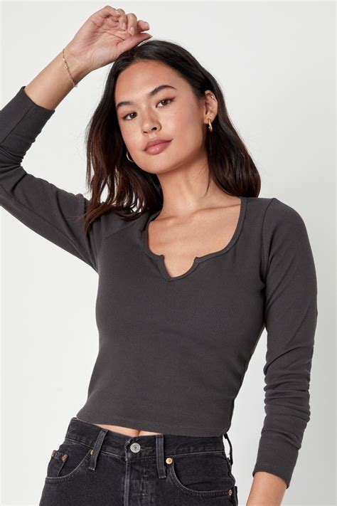 Dark Grey Top Ribbed Knit Top Cropped Long Sleeve Top Lulus