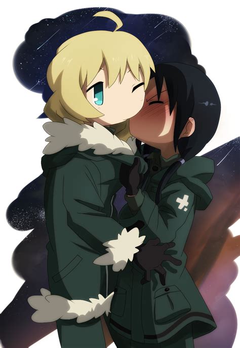 Safebooru 2girls Ahoge Black Gloves Black Hair Blonde Hair Blue Eyes