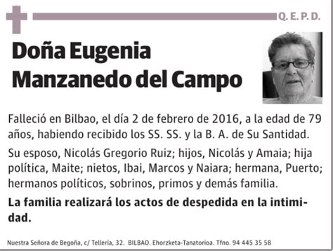 Eugenia Manzanedo Del Campo Esquela Necrol Gica El Correo