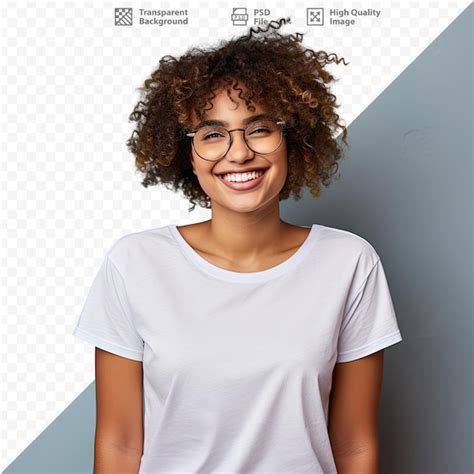 Premium Psd A Woman Wearing Glasses And A White Shirt Stands In Front Of A Screen With The