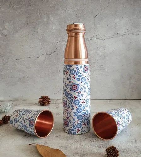 Standard Meena Printed Copper Water Bottle Diwali Gift Set Screw Cap