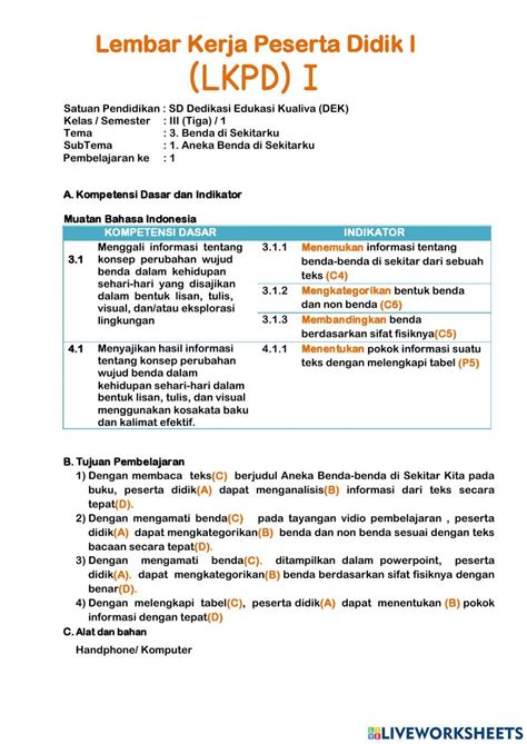 lkpd kelas  temastpb worksheet  worksheets