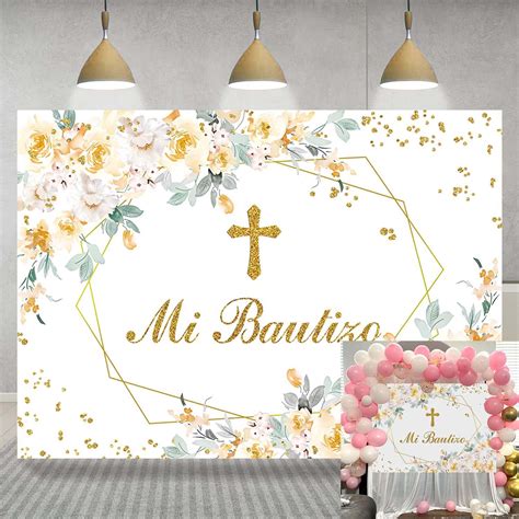 Mi Bautizo Backdrop Mexican Baptism Party Decorations With Blue Flower