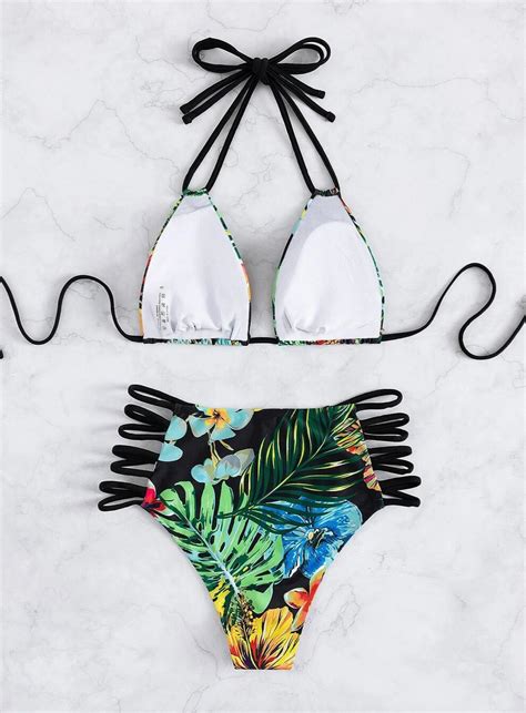 Women S Tropical Criss Cross Halter High Waist Bikini Etsy